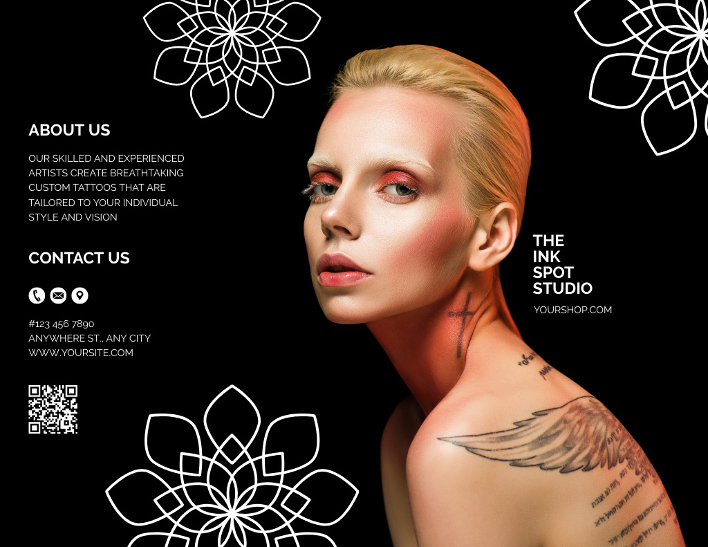 Line Art Flowers And Ink Tattoo Studio Offer Brochure 8.5x11in Modelo de Design