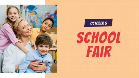 School Fair Announcement with Teacher and Pupils FB event cover Modelo de Design