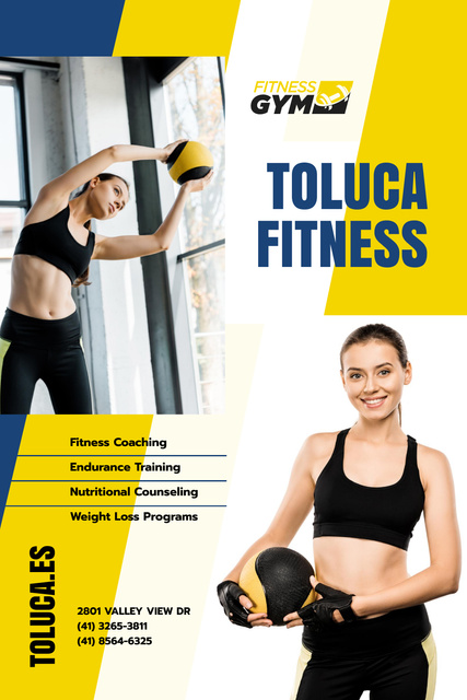 Gym Promotion with Woman with Gym Equipment Pinterest Design Template