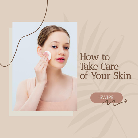 Skincare Tips with Young Woman Using Cotton Pad Instagram tervezősablon