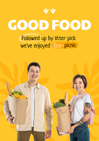 Grocery Store Ad with Couple Holding Fresh Food in Paper Bags Poster Design Template