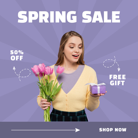 Designvorlage Spring Sale mit junger Frau mit Tulpen für Instagram