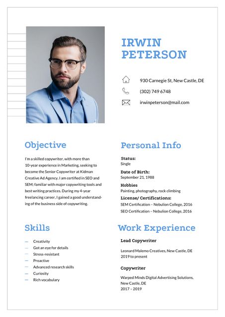 Professional copywriter skills and experience Resume Design Template