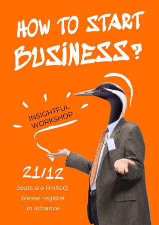 Business Event Announcement with Funny Bird in Suit Flyer A7 Design Template