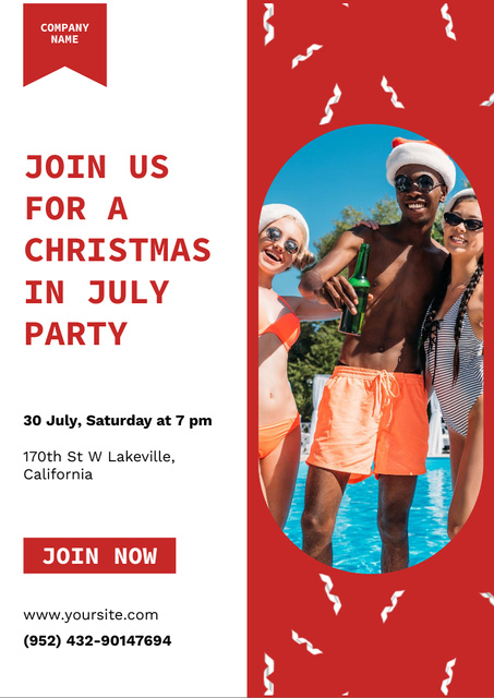  Announcement of the Christmas party in July near Pool Flyer A4 Design Template