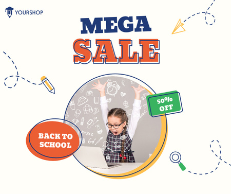 Modèle de visuel Annonce de méga vente avec une écolière à l'aide d'un ordinateur portable - Facebook