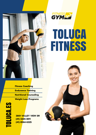 Ontwerpsjabloon van Poster A3 van Gym promotie met vrouw met fitnessapparatuur