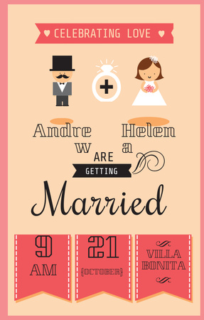 Wedding Event With Cute Groom And Bride Icons Invitation 4.6x7.2in Design Template