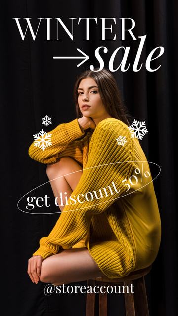 Winter Sale Announcement with Young Woman in Warm Sweater Instagram Story tervezősablon