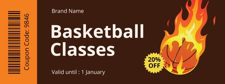 Basketball School Trainings Voucher Ad with Burning Sports Ball Coupon Design Template