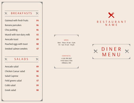 Minimalistinen ruokalista ravintolassa Menu 11x8.5in Tri-Fold Design Template