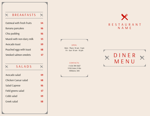Minimalistic Dishes List In Restaurant Menu 11x8.5in Tri-Fold Design Template