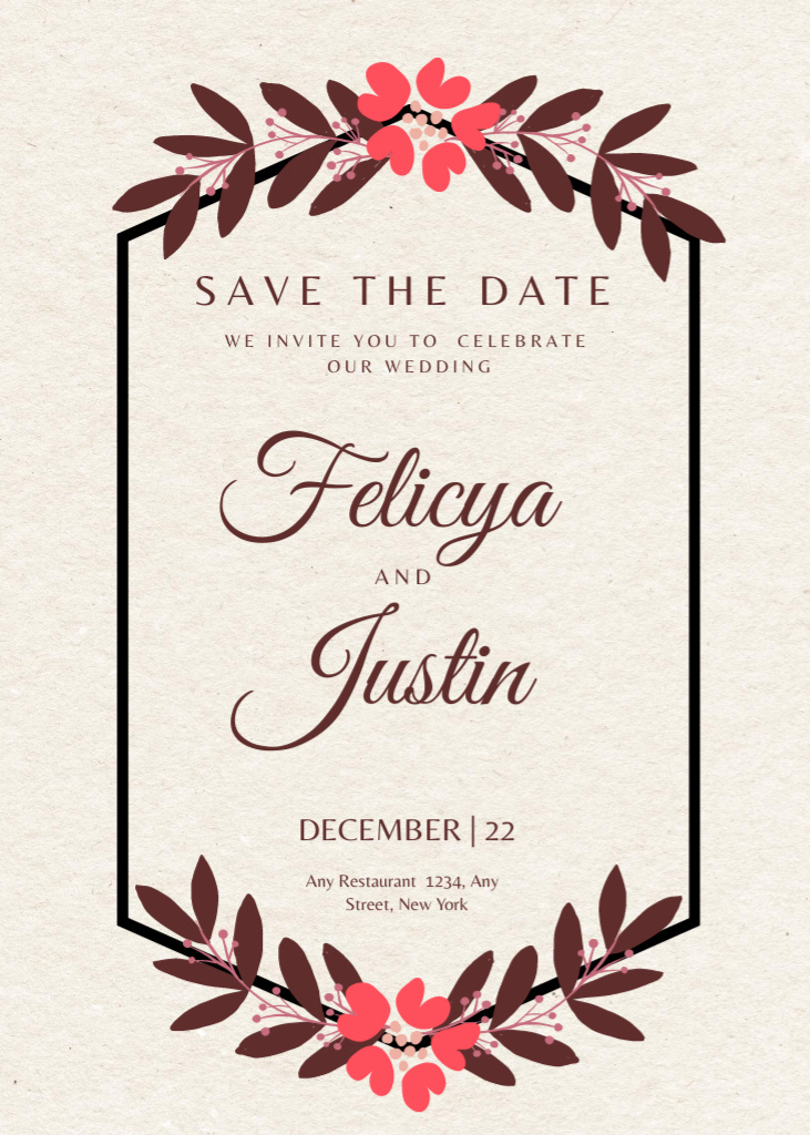 Wedding Invitation Card with Simple Floral Invitation Design Template