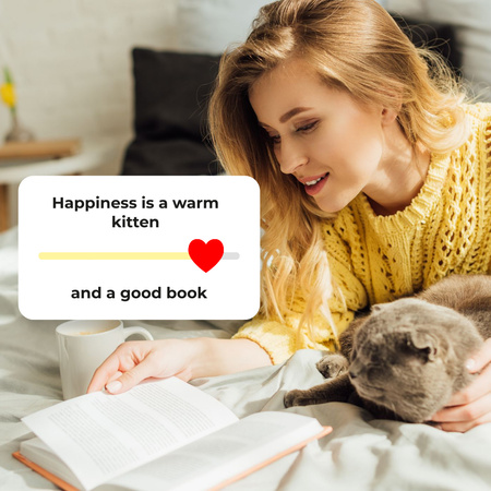 lány olvasás ágyban aranyos macska Instagram tervezősablon