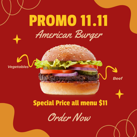 Amerikan Burgerleri için Restoran Özel Fırsatı Instagram Tasarım Şablonu