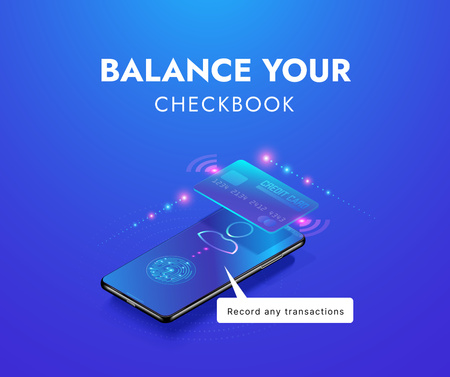 Checkbook application on Phone screen Facebookデザインテンプレート