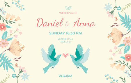 Wedding Announcement With Loving Birds Illustration Invitation 4.6x7.2in Horizontal Design Template