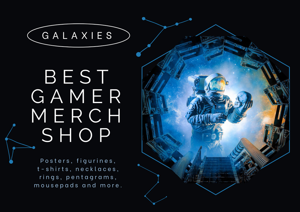 Plantilla de diseño de Offer of Best Game Store with Astronaut in Spacesuit Poster B2 Horizontal 