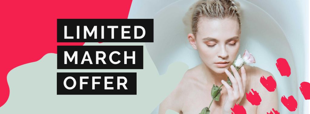 Women's Day Offer with Girl holding Flower in Bath Facebook cover Πρότυπο σχεδίασης