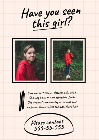 Plantilla de diseño de Announcement of Missing Young Girl Poster 
