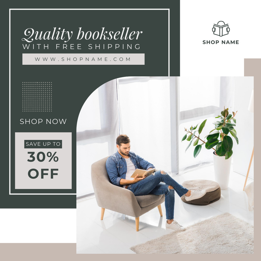 Handsome Man Reading Book on Chair Instagramデザインテンプレート