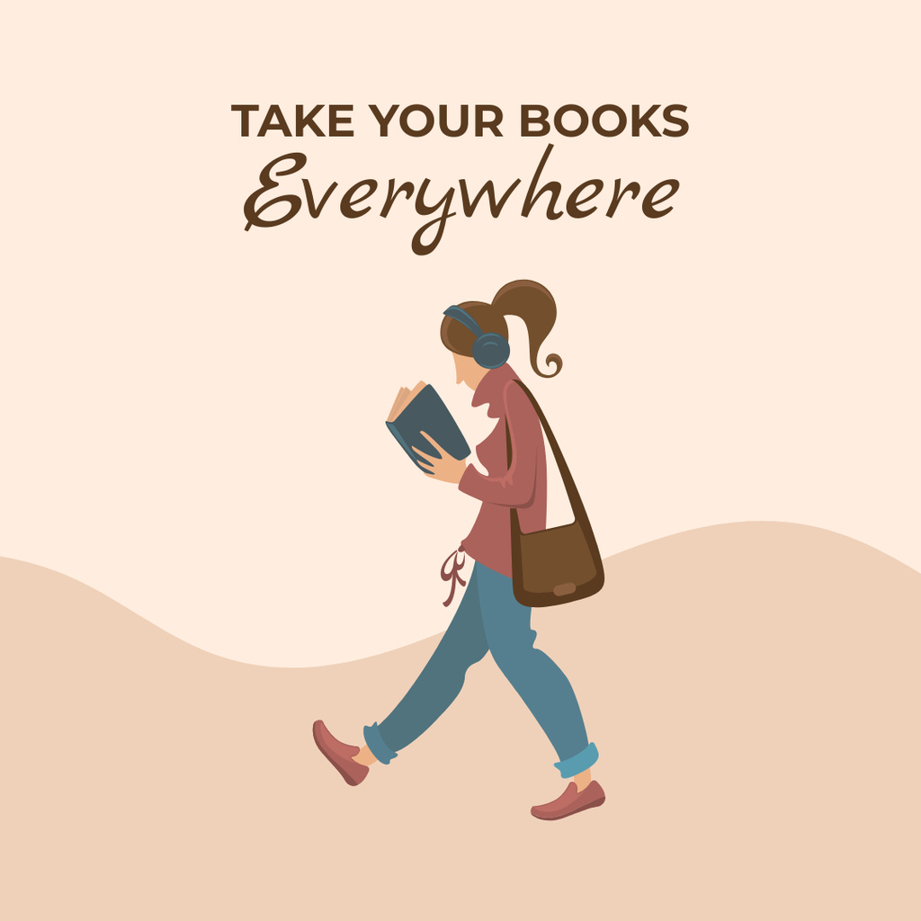 Bookstore Ad with Woman walking and reading Instagramデザインテンプレート