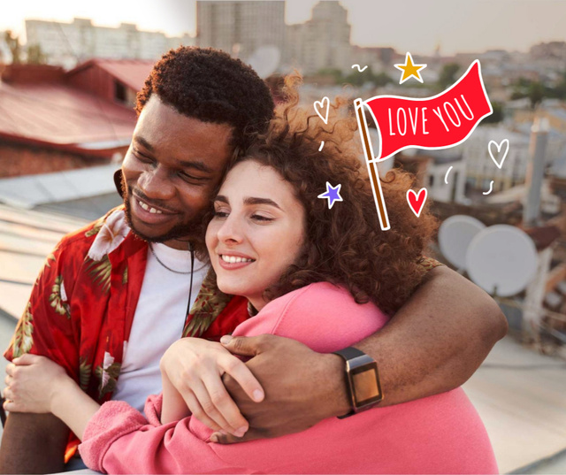 Multiracial Couple Celebrating Valentine's Day in City Facebook Design Template