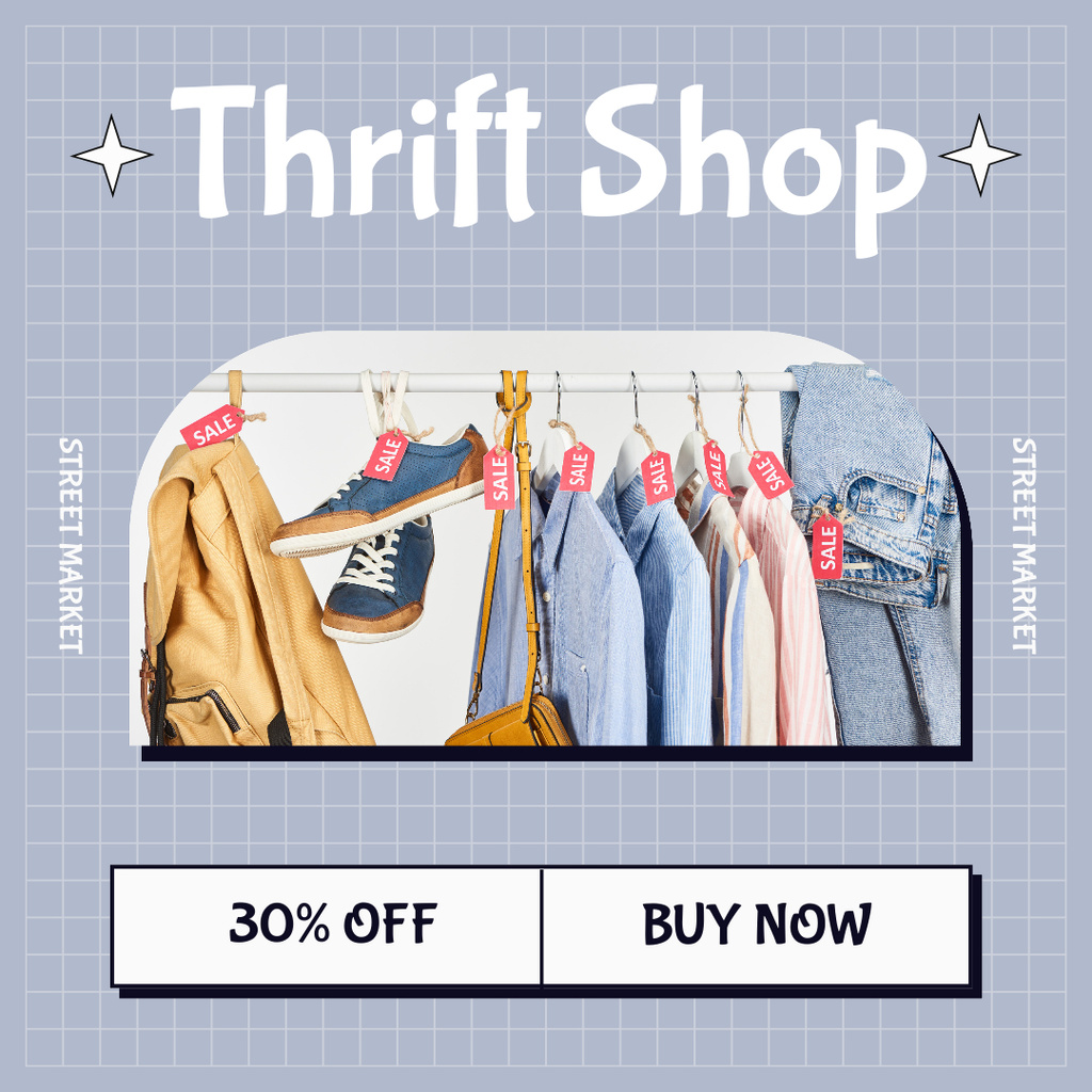Thrift clothes and shoes sale blue Instagram Πρότυπο σχεδίασης