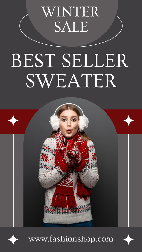 Winter Sale Best Selling Sweaters with Young Attractive Woman Instagram Story Design Template
