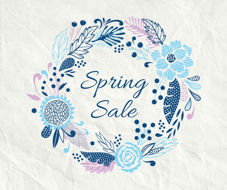 Spring Sale Flowers Wreath in Blue Facebookデザインテンプレート