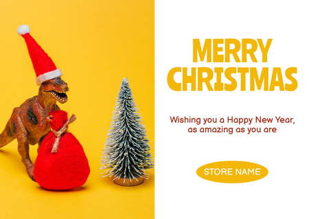 Ontwerpsjabloon van Postcard van Christmas and New Year Greeting Dino with Bag of Gifts