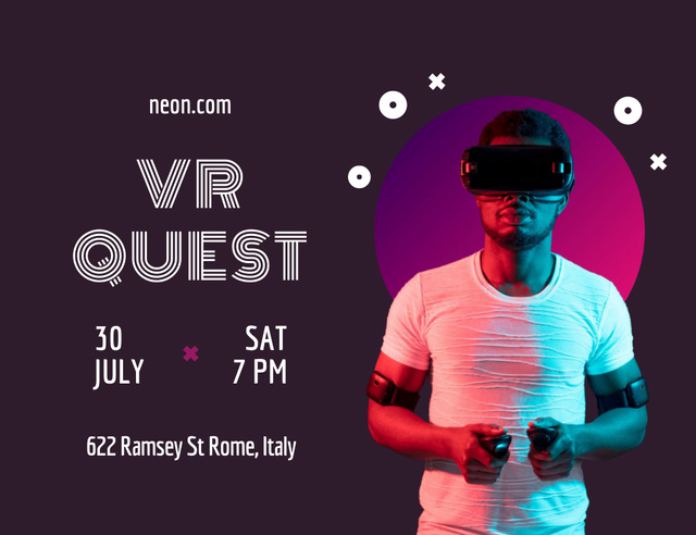 Man Participating in Virtual Reality Quest Invitation 13.9x10.7cm Horizontal Design Template