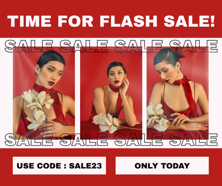 Flash Sale Ad with Woman in Stunning Red Outfit Facebook Design Template