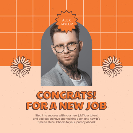 Designvorlage Herzlichen Glückwunsch an den Mann mit Brille zum neuen Job für LinkedIn post
