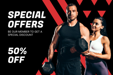 Gym Ad with Beautiful Young Sporty Couple Label Design Template