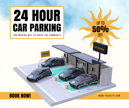 Modèle de visuel Réservez un parking avec réduction sur le stationnement 24 heures sur 24 - Facebook