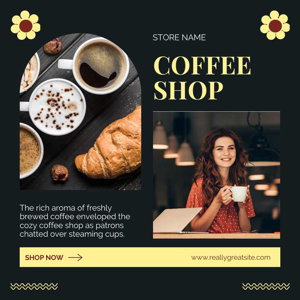 Plantilla de diseño de Delicious Coffee With Toppings And Croissant In Coffee Shop Instagram 