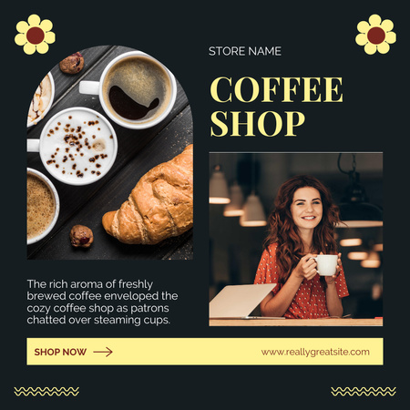 Delicious Coffee With Toppings And Croissant In Coffee Shop Instagram Design Template