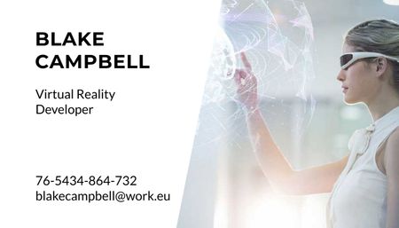 Designvorlage Virtual Reality Developer Offer with Woman in Vr Glasses für Business Card US