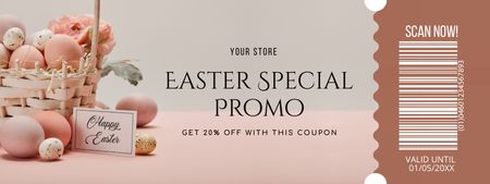 Platilla de diseño Easter Offer with Wicker Basket and Pink Painted Eggs Coupon