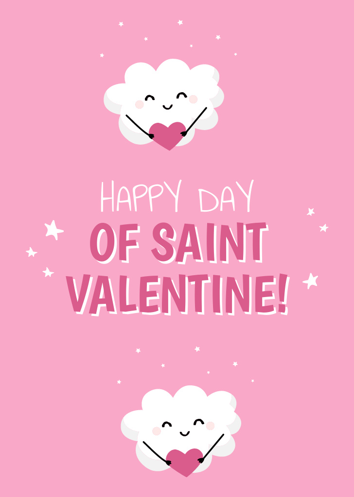 Valentine's Greeting with Cute Clouds Holding Hearts Postcard A6 Vertical Design Template