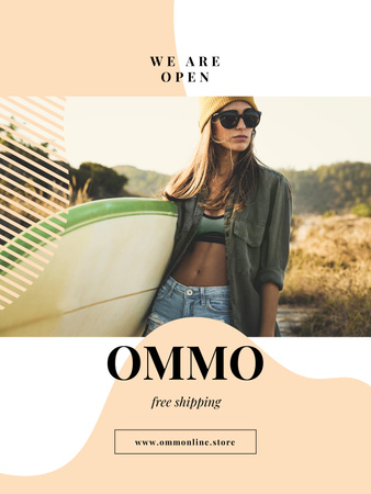 Young Woman with Surfboard at the Beach Poster US Design Template