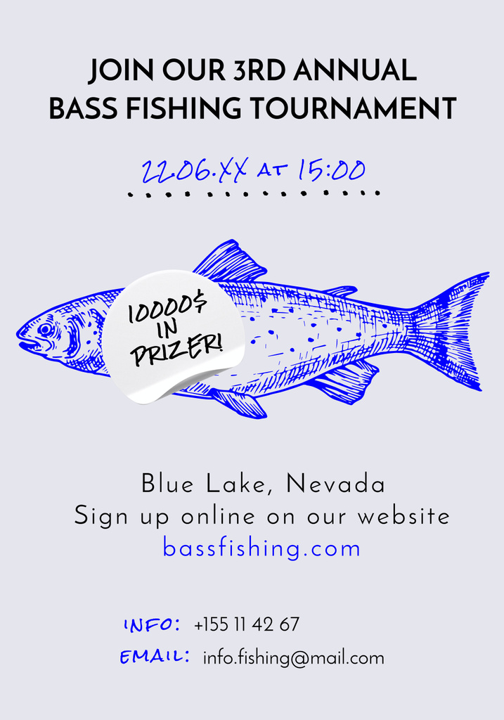 Fishing Tournament Announcement with Blue Fish Poster 28x40in Design Template