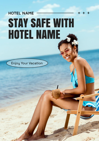 Beach Hotel Advertisement with Beautiful African American Woman Flyer A5 Design Template