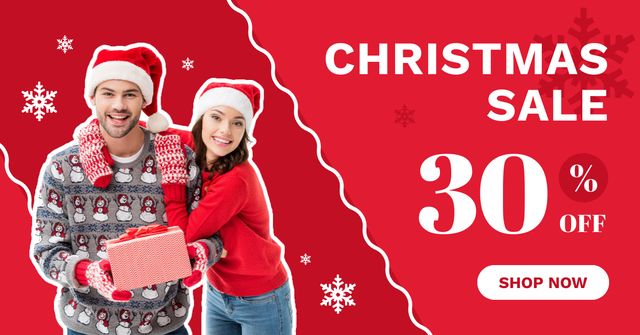 Happy Couple with Gift on Red Christmas Facebook AD Design Template