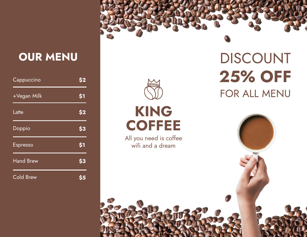 Offer Discounts on All Menu in Coffee House Brochure 8.5x11inデザインテンプレート
