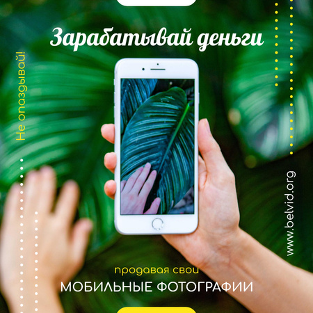 Рука мобильной фотографии и зеленый лист на экране Instagram – шаблон для дизайна