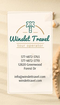 Designvorlage Reisebüro Anzeige mit Muscheln auf Sand für Business Card US Vertical