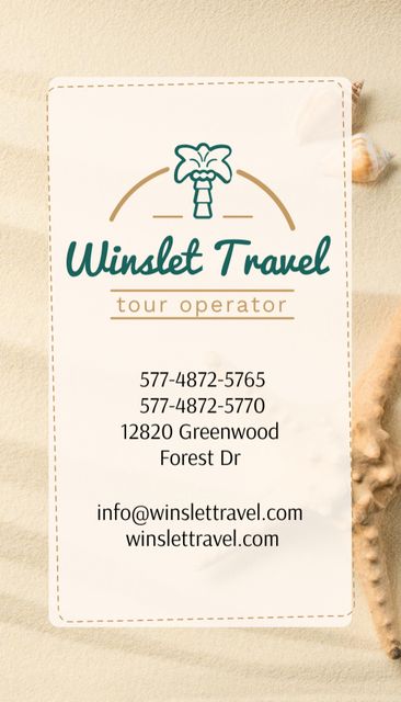 Travel Agency Ad with Shells on Sand Business Card US Vertical Modelo de Design