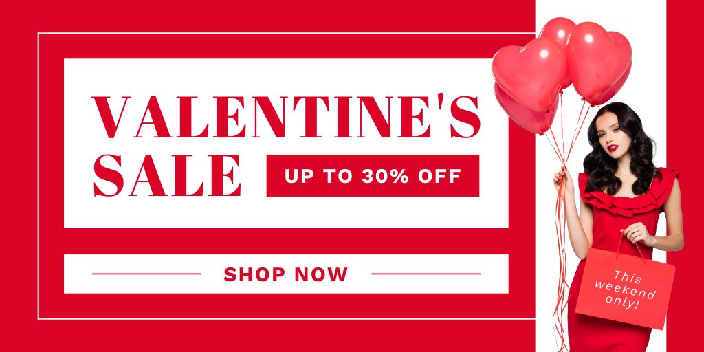 Valentine's Day Sale Announcement with Woman in Red Dress Twitter Modelo de Design